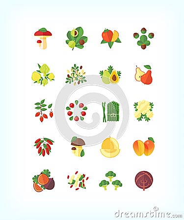 Set of vector vegetarian organic food. Flat fruit and vegetables icon set. Vector Illustration