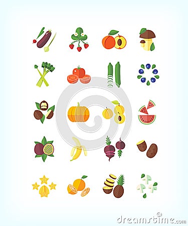 Set of vector vegetarian organic food. Flat fruit and vegetables icon set. Vector Illustration