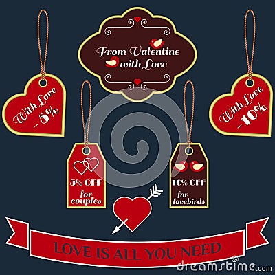 Set of vector vintage Valentine's Day sale labels and tags Vector Illustration