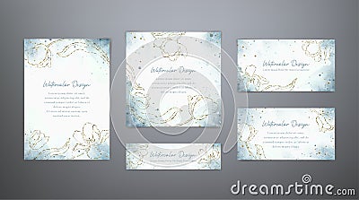 Set vector watercolor templates in blue and golden colors. Floral frames with golden tulps. Romantic abstract backgrounds Vector Illustration