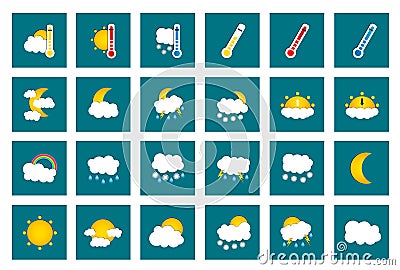 Set of 24 vector weather square colored window style flat icons on turquoise background Vector Illustration