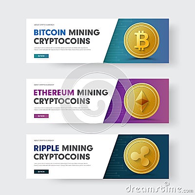 Set of vector web banners with a diagonal and with a gold coin crypto currency ripple, bitcoin and Ethereum. Vector Illustration