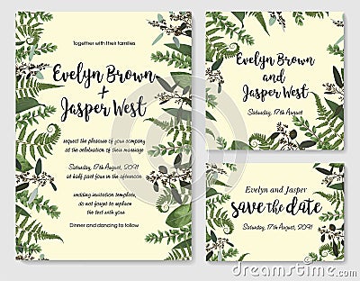 Set of vector wedding invitation, greeting card, save date. Frame of green leaves of fern, boxwood and eucalyptus twigs. Vector Illustration