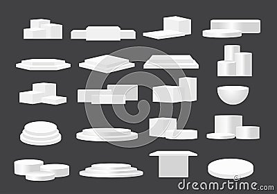 Set of vector white podium geometric platform. Product display presentation Vector Illustration