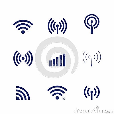 Set of vector Wi-Fi and Wireless icons for remote access and communication via radio waves. Vector Illustration