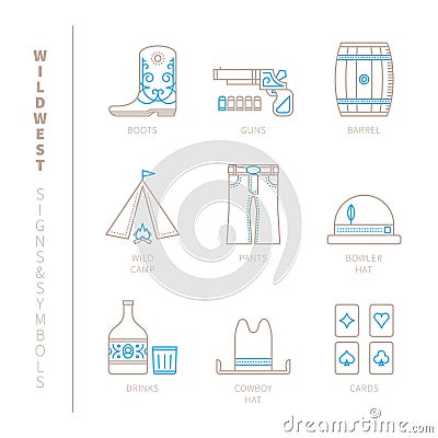 Set of vector wild west icons and concepts in mono thin line style Vector Illustration