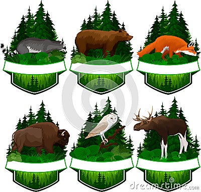 Set of vector woodland emblems with barn owl, red fox, racoon, grizzly bear, moose bull and zubr buffalo bison Vector Illustration