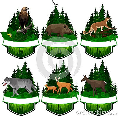 Set of vector woodland emblems with eagle, wolf, puma, deer and hog boar Vector Illustration