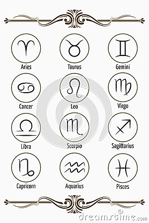 Set of vector Zodiac signs and borders white background Vector Illustration