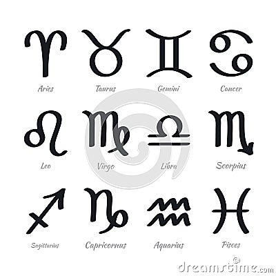 Set of vector zodiac signs with latin names Vector Illustration