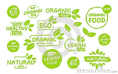 Set of Vegan, eco, bio, organic, fresh, healthy, 100 percent, nateral food. Natural product. Collection of emblem cafe, badges, Vector Illustration