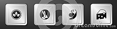 Set Vegan food diet, Rabbit, Apple and banana and Cheese icon. Silver square button. Vector Stock Photo