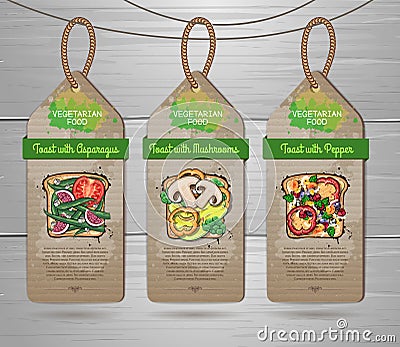 Set of vegan labels with Vegetarian toasts menu design. Restaurant menu Vector Illustration