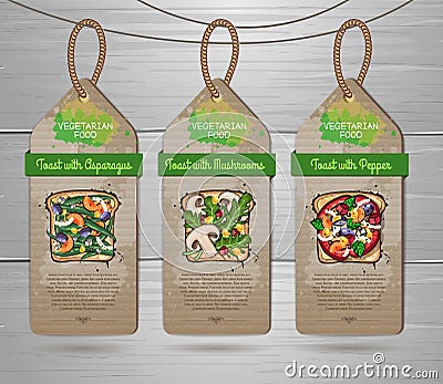 Set of vegan labels with Vegetarian toasts menu design. Restaurant menu Vector Illustration