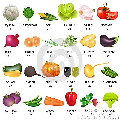 Set vegetable with calories on white Vector Illustration