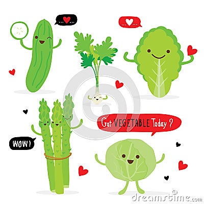 Set of Vegetable Green Color Cartoon Character. asparagus, cucumber, white cabbage, Chinese cabbage and coriander. Vector illustra Vector Illustration