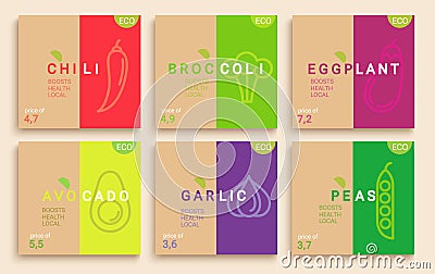 Set of vegetables cards with place for price. Vector Illustration