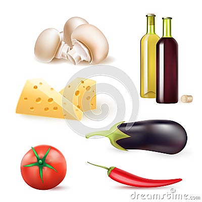 Set of vegetables and food ingredients and wine bottles Vector Illustration