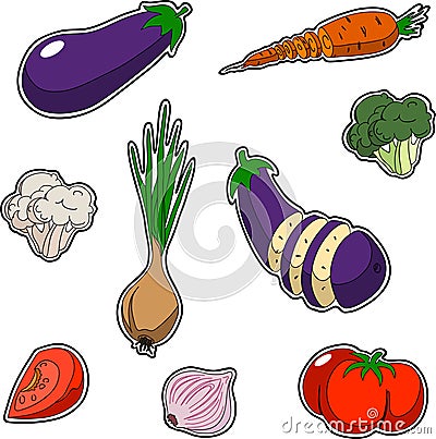 Set of vegetables, sticker style. Set contains onion broccoli tomato garlic eggplant cabbage carrot cauliflower sliced Vector Illustration
