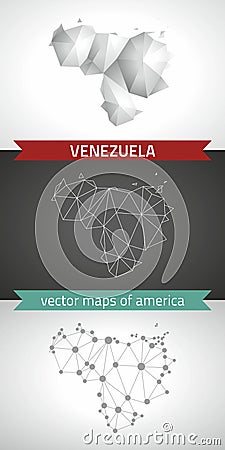 Venezuela set of grey and silver mosaic 3d polygonal maps. Graphic vector triangle geometry outline shadow perspective maps Vector Illustration