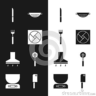 Set Ventilation, Fork, Knife, Kitchen colander, extractor fan, Pizza knife, Meat chopper and Electronic scales icon Vector Illustration