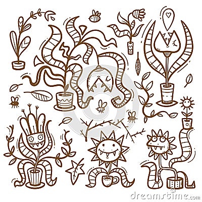 Set with Venus flytraps. Monsters plants print. Comic drawing of predatory flowers. Vector doodle stickerpack. Vector Illustration