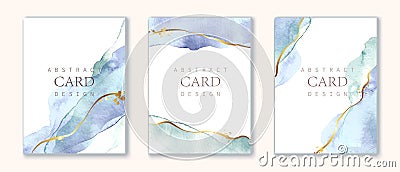 Set of vertical backgrounds. Blue, turquoise watercolor fluid painting. Dusty pastel, neutral and golden marble. Vector Illustration