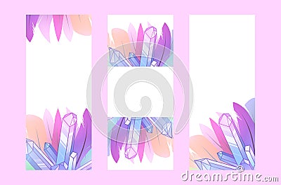 Set of vertical banner with multicolored boho feathers of birds with decoration, crystal and place for text on white background Vector Illustration