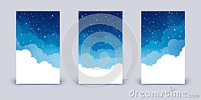 Set of vertical banners with clouds and shiny stars on night sky Vector Illustration