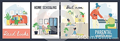 Set of vertical banners about parents and children relationships, home learning flat style Vector Illustration