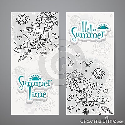 Set of vertical banners with summer doodles Vector Illustration