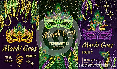 Set of 3 vertical carnival posters with mask, feathers, beads, stars, text Vector Illustration