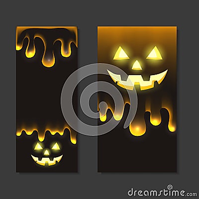 Set of vertical halloween banners with jack lamp and flowing drops of transparent slime on a dark background. Holiday card. Vector Vector Illustration