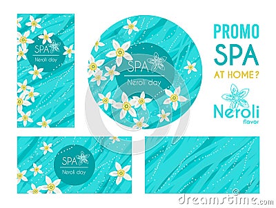 Set of vertical, horizontal and circle templates with white neroli orange flowers, cyan waterflow and bubbles on background Vector Illustration