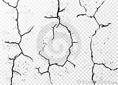 Set of vertical realistic wall cracks on white transparent background Vector Illustration