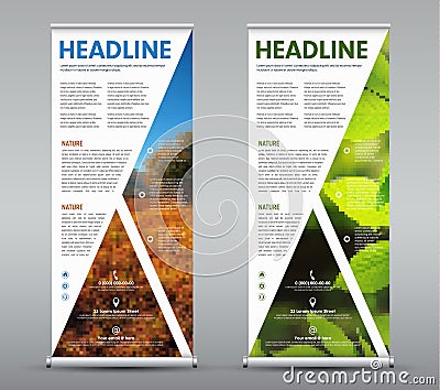 Set of vertical roll up banner with triangular design elements Vector Illustration