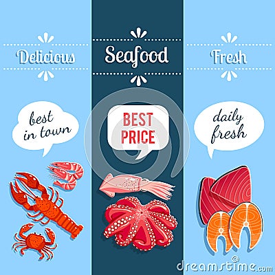 Set of 3 vertical seafood banners with lobster, shrimps, tuna, salmon and so. Vector illustration, eps10. Vector Illustration