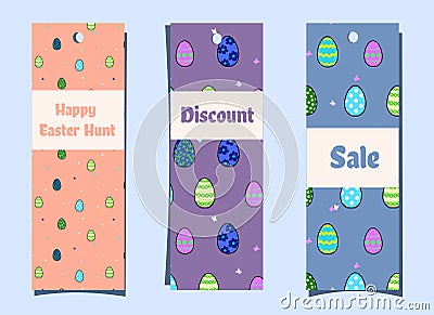 Vertical seasonal banners with easter eggs and butterflies.bookmarks. Festive discount in cartoon style.easter egg hunt - tag Vector Illustration