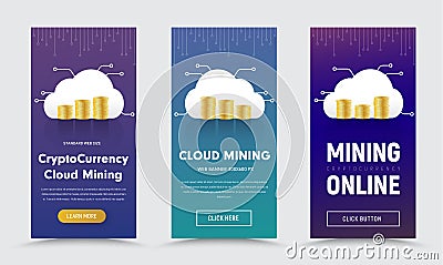 Set of Vertical vector web banners with a cloud and piles of gold coins for currency mining. Vector Illustration