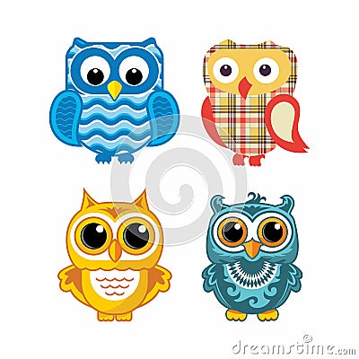 A set of very cute and bright owls Vector Illustration