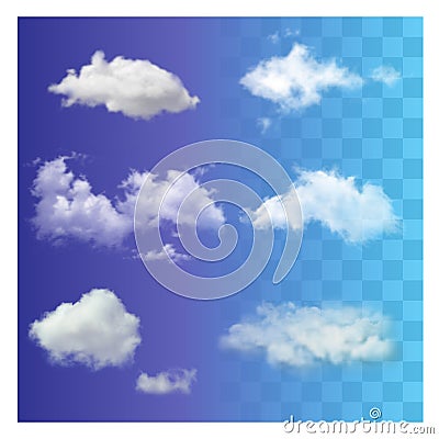 Set of very realistic different transparent white sky clouds. Vector Illustration