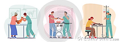 Set Vet Clinic Doctors Working And Caring Of Pets. Men and Women Owners With Cat, Dog and Rats In Cage on Appointment Vector Illustration