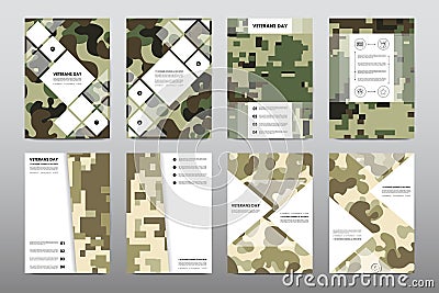 Set of Veterans Day brochure, poster templates in khaki style. Beautiful design and layout Vector Illustration