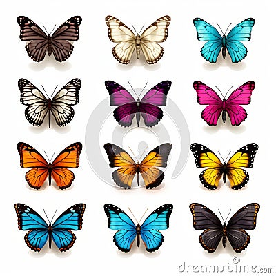 Realistic Colored Butterflies On White Background Stock Photo