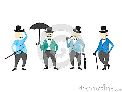 Set of victorian gentlemen. Vector hand drawn collection of characters. Vector Illustration