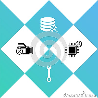 Set Video camera service, Wrench, Database server and Processor icon. Vector Vector Illustration