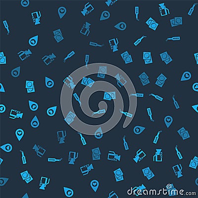 Set Video camera with Sex, Spanking paddle, Condoms package and Location heart on seamless pattern. Vector Vector Illustration