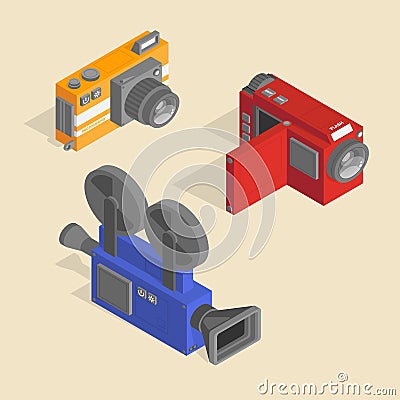 A set of video cameras for different purposes in an isometric projection. Retro style. For apps and games. Vector Illustration