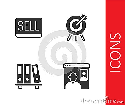 Set Video chat conference, Sell button, Office folders and Target financial goal icon. Vector Vector Illustration