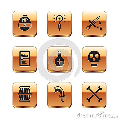 Set Video game bar, Gun powder barrel, Sword for, Bottle with potion, Card collection, blood, Crossed human bones and Vector Illustration